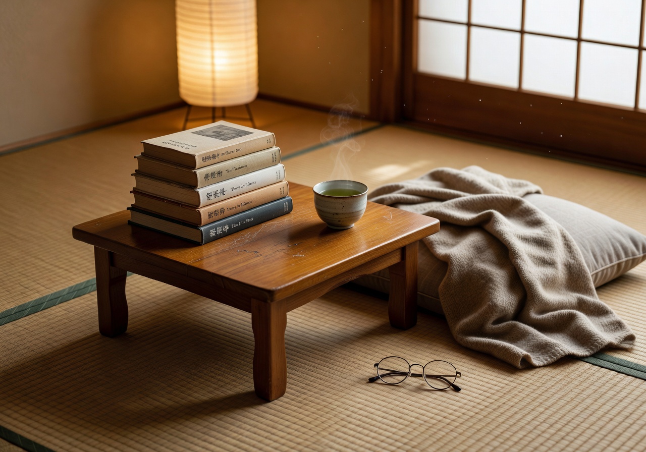 A quiet, warmly lit Japanese reading nook with stacked books and soft afternoon light